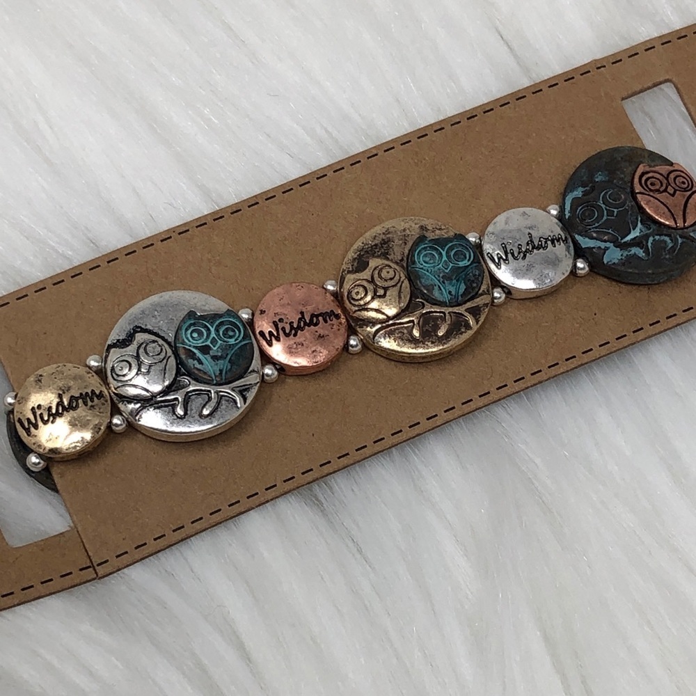 Owl Wisdom Multi Toned Metal Stretch Bracelet
